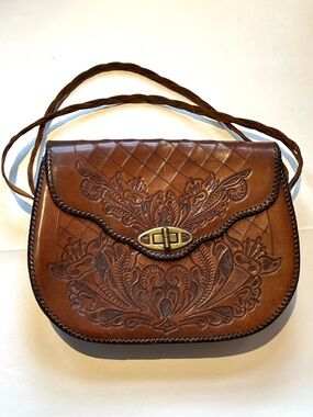 Vintage Brown Tooled Leather Crossbody/Handbag with Brass Turn-Lock